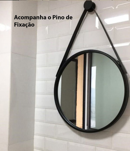 Espejo redondo con correa de piel - Negro 60 cm