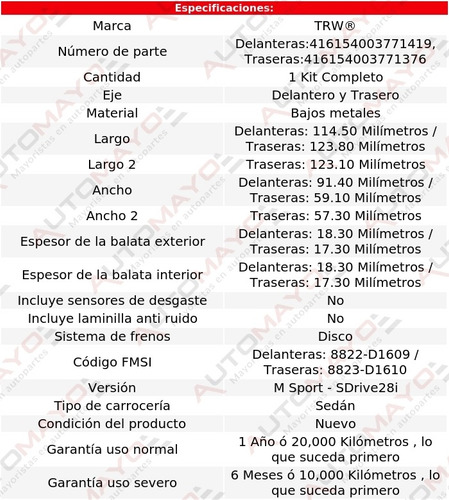 Jgo Balatas Bajos Metales Delanteras Y Traseras 335i 12-15