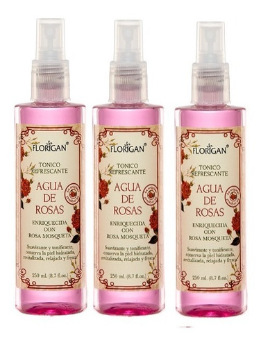 Tónico Refrescante Agua De Rosas Florigan® 250ml. 3 Piezas