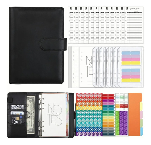 Kit De Carpeta Planner Cuaderno De Hojas Piel Negro A6