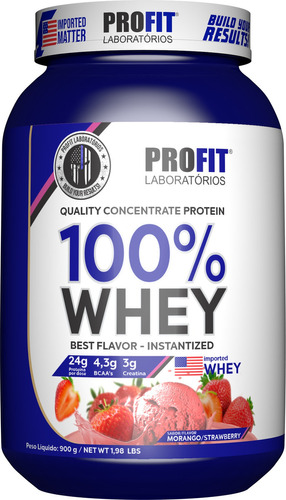 Whey Concentrado 100% Premium Profit Pote 900g Sabor Morango