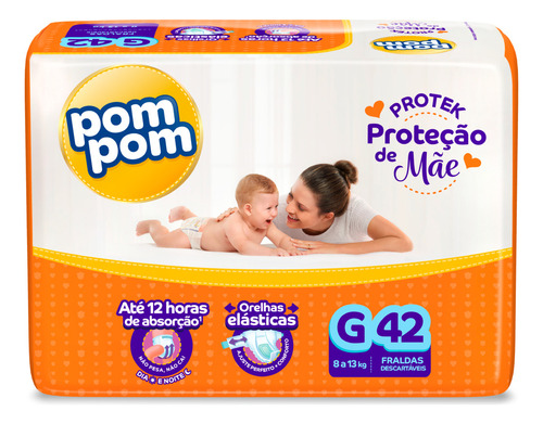 Pom Pom fraldas infantis descartáveis derma protek proteção de mãe tamanho G com 42 unidades 