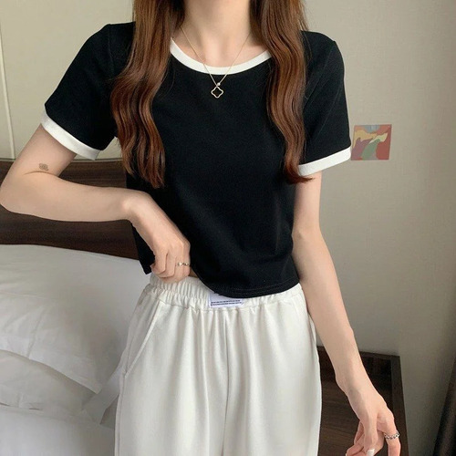 Camiseta De Manga Corta Color Block - Top Ajustado Para Muje