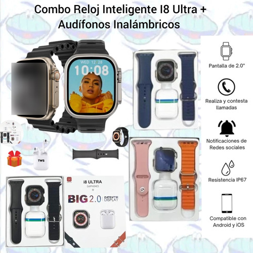 Reloj Inteligente I8 Ultra Big 2.0 + Audífonos Inalambricos 