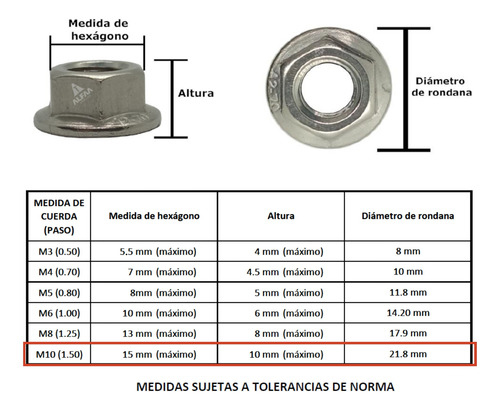 50 Pzs Tuerca Hexagonal Flange Con Brida Inoxidable M10