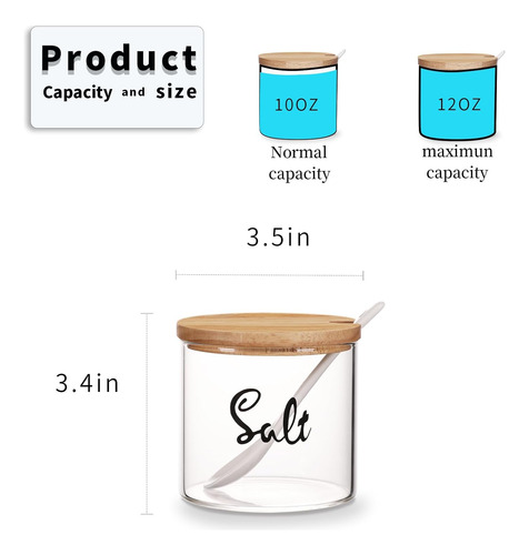 Recipiente De Sal De Vidrio Transparente 12oz Con Cuchara Y