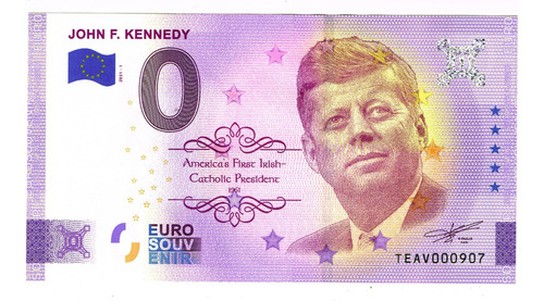 Billete 0 Cero Euro Souvenir, John F. Kennedy, Irlanda, 2021
