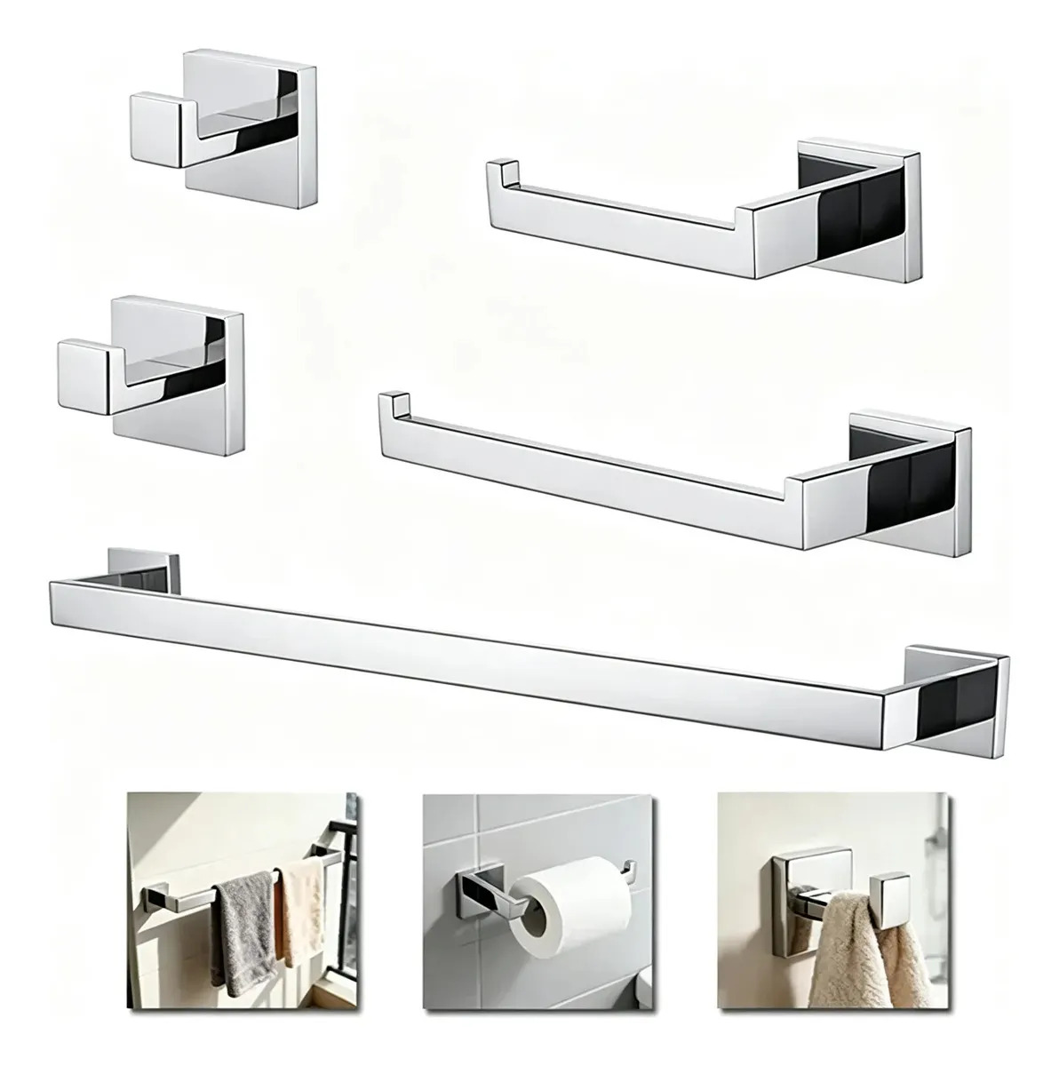 Kit Acessórios para Banheiro Hidralia em Aço Inox Prateado, 5 Peças