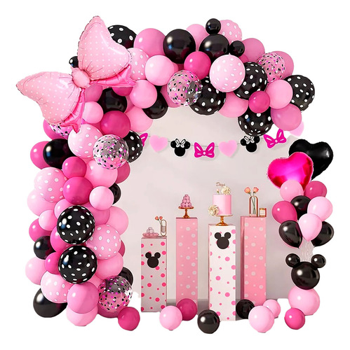 Kit Arco De Globos Rosa Negro Fucsia Mickey Mouse Minnie 