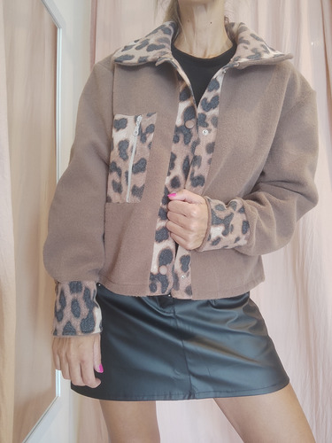 Saco Chaqueta Paño Corto Animal Print Abrigado Bolsillo