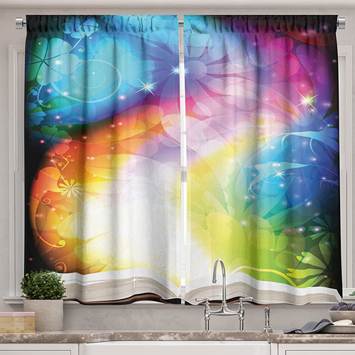 Ambesonne Magic Kitchen Curtains, Psychedelic Open Book Of S