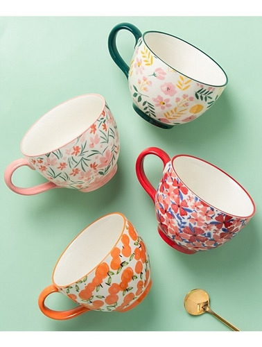 Tazón De Cerámica Pintado A Mano - 460ml - Flores Verdes