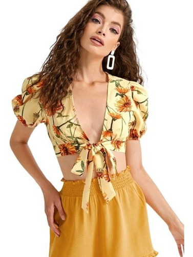 Crop Top Blusa Floreado Amarillo Amarre Frontal