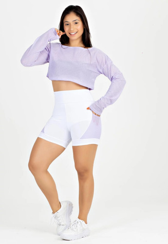  Short + Cropped De Tela Branco Com Lilás Conjunto Fitness