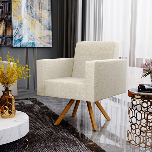 Kit 02 Poltronas Decorativa Giratória Para Sala Base de Madeira Helô L02 Linho Champagne