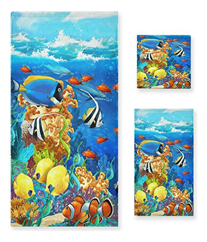 Juego De 3 Toallas Suaves De Lujo Hermosos Peces De Arr...