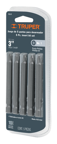 Set De 5 Puntas Phillips Ph1 Ph 1 - Largo 75mm Truper 16883