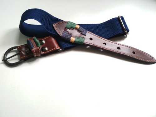 Cinturón Niño - Elástico Azul Y  Cuero Bordado Diseño Pampa