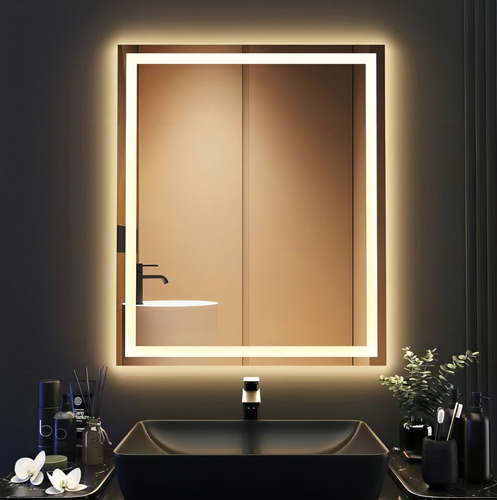 Espelho Grande Retangular Jateado Com Led 70x50 Lapidado Moldura Neutro