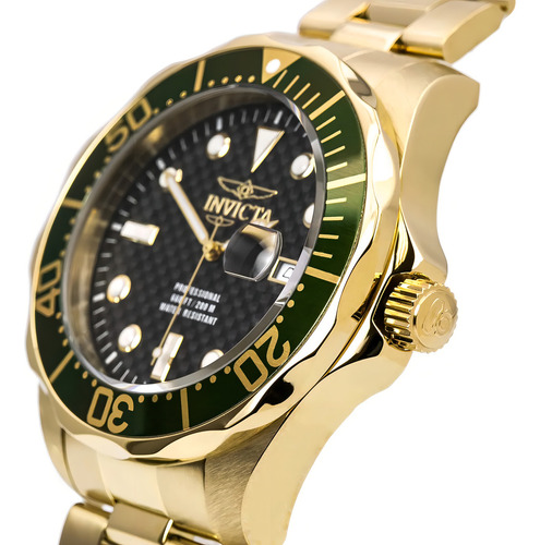 Relógio Masculino Invicta Pro Diver 14358 Cor Da Correia Dourado Cor Do Bisel Verde Cor Do Fundo Cinza