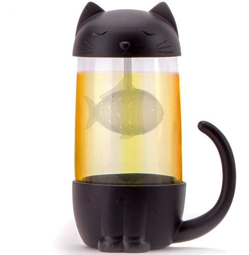 Taza De Vidrio Forma De Gato Con Infusor De Pez Negro H1343