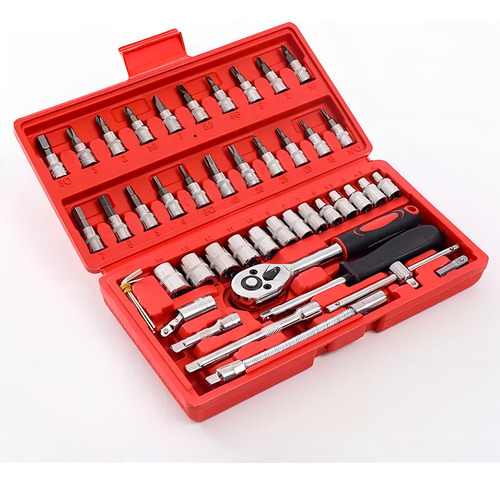 Kit Chaves 46 Peças Soquetes Catraca Ferramenta Vermelho