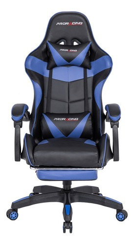 Silla gamer ergonómica marca Silleti modelo Monaco reclinable mecanismo Syncro 2 palancas apoyapies tapizado cuero sintetico de alta calidad color azul 