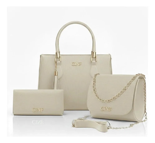 Kit Bolsas Feminina Transversal Média + Tira Colo + Carteira Cor Marfim