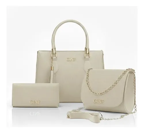 Kit Bolsas Feminina Transversal Média + Tira Colo + Carteira Cor Marfim Liso Ouro Nude