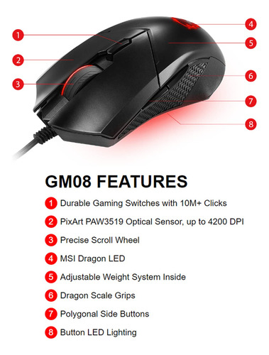 Ratón Óptico Para Juegos Msi Clutch Gm08 4200 Dpi Con Cable