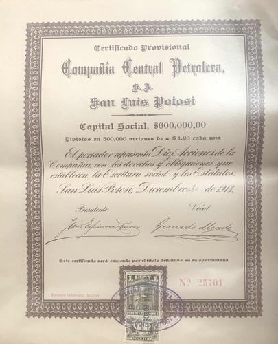 Certificado(provisional) Compañía Central Petrolera S.a. Slp