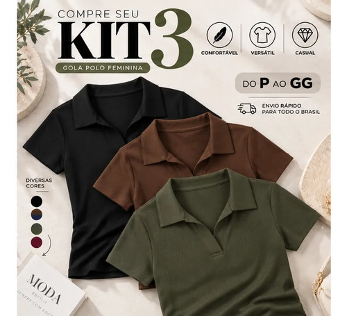 Kit 3 Blusa Feminina Gola Polo Canelada Básica Casual Lisa Preto, Marrom E Verde Liso P/m (36/42)
