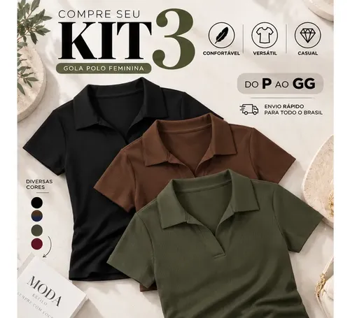 Kit 3 Blusa Feminina Gola Polo Canelada