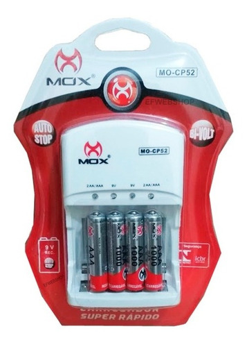 Imagem 1 de 5 de Carr Pilhas Mox Aa Aaa 9v Com 4 Pilhas Aaa Recarregaveis Palito 1000 Mah Bivolt Auto Stop Com Led Original Cp52