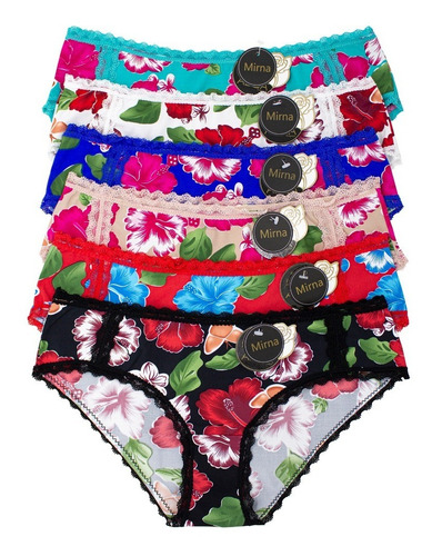 Imagen 1 de 5 de Paquete De 6 Pantaletas Estampado De Flores De Likra, Lencería, Orillas De Encaje
