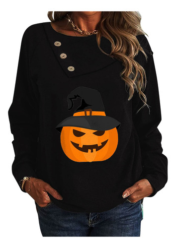 Sudadera De Mujer De Halloween Con Cuello Redondo Y Botones