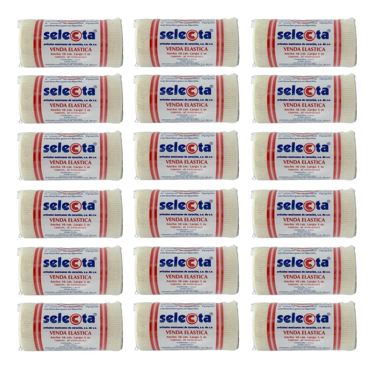 Vendas Elásticas Selecta 10CM Algodón con fibras sintéticas 5m Broche Pack 24 Blanco Deportivo Medicinal