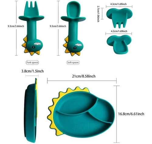 Imagen 4 de 7 de Set Plato De Silicona Dinosaurio Para Bebé Niños + Cubierto