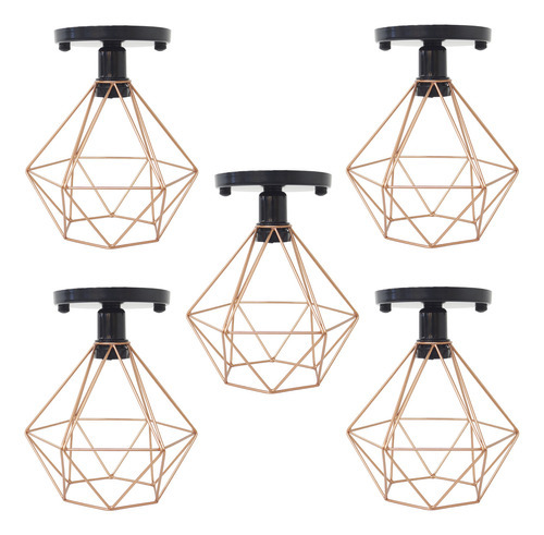 5 Lustres Plafon Industrial Diamante Aramado Retrô Sobrepor Cor Preto/Cobre Rose Gold