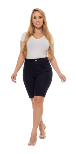 Imagem 2 de 6 de Bermuda Feminina Sarja Lycra Cintura Alta Cor Preta Premium