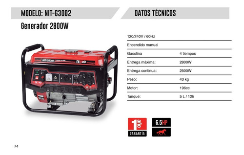 Imagen 2 de 2 de Nit-g3002 Motor 6.5 Hp 4 Tiempos 2800w 110/220v Nitro
