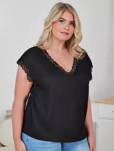 Blusa Negra Ribete Con Corte Láser, Tallas Extras 2xl 3xl