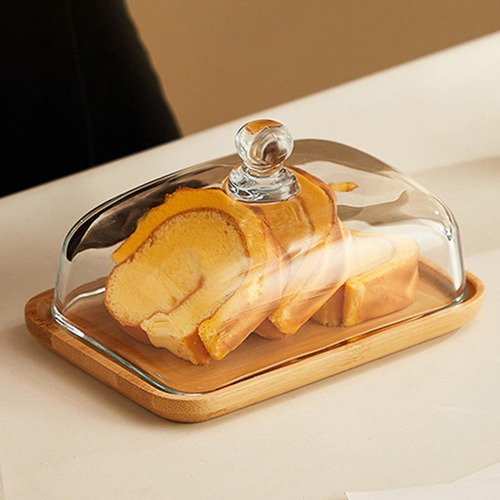 Plato Rectangular De Bambú For Tartas Con Tapa De Cristal