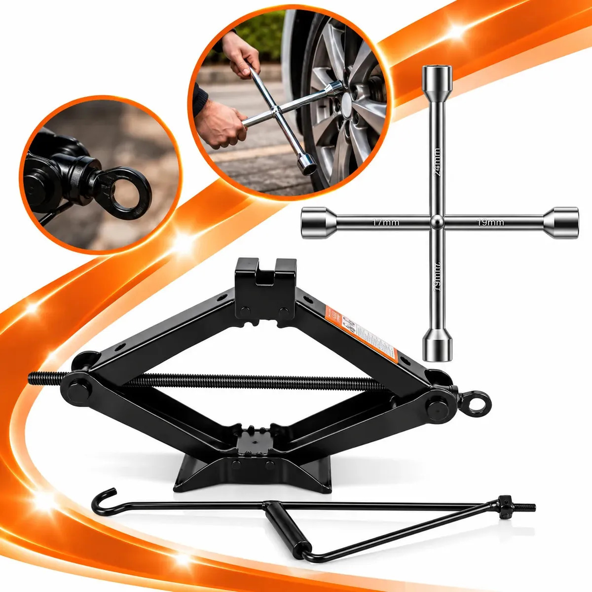 Kit Macaco Sanfona + Chave Roda 17 - 19 - 21 - 23mm 1,5T Para Carros Kit Estepe Reforçado
