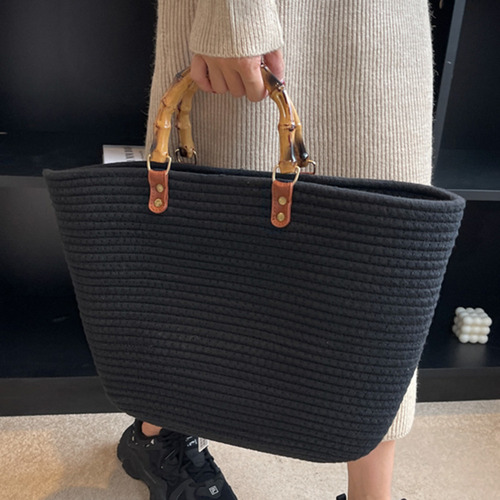 Bolsos De Playa De Moda Con Mango De Bambú, Algodón Tejido A