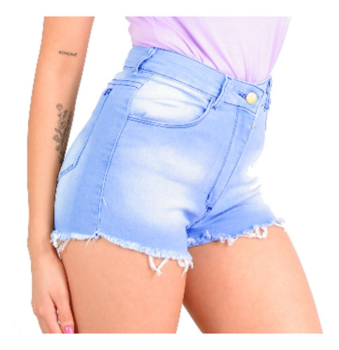 Short Jean Elastizado, Con Roturas, Tiro Alto Y Medio