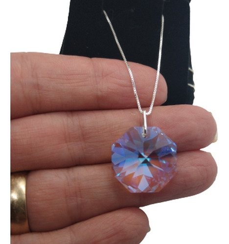 Imagem 1 de 7 de Colar Castanha Cristal Swarovski Blue Boreal 2,0cm Prata 925