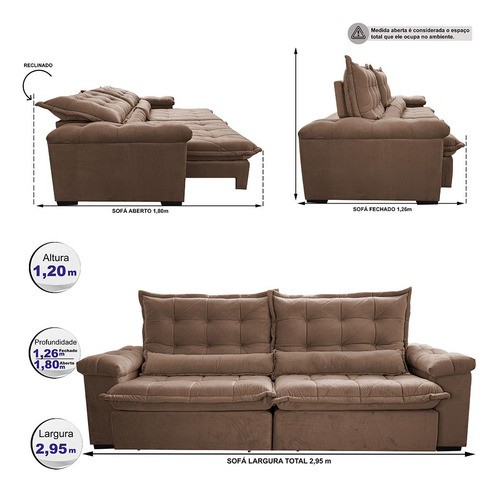 Sofá Retrátil 2,95m Cama Inbox Big Fresh. Com Softgel d40 Cor Castor