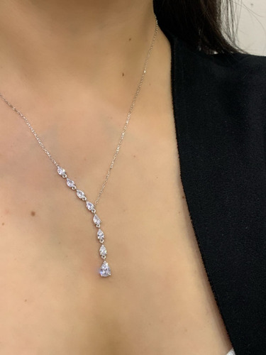 Dije De Plata Estambul Joya Sterling Silver 8 Gotas Con Zircon , Azabache Y Diseño De Gotas - 50cm De Largo Blanco Plata