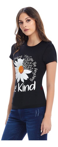 Playera Negra Mujer Moda Manga Corta Estampado Flor Original